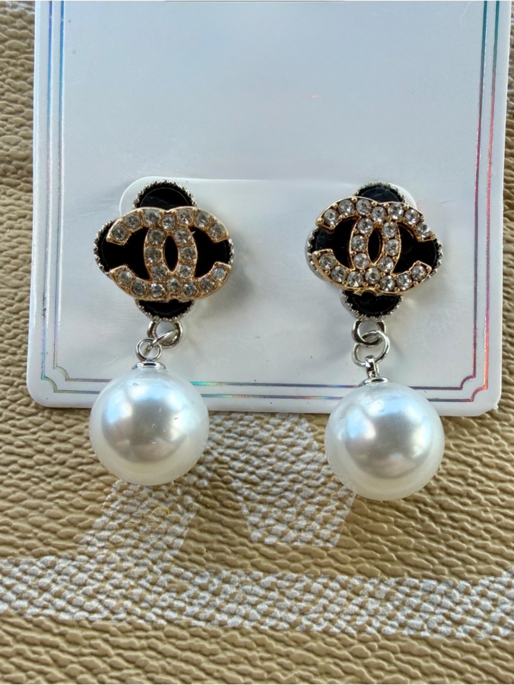 Black and Pearl Drop Crystal Logo Earrings
